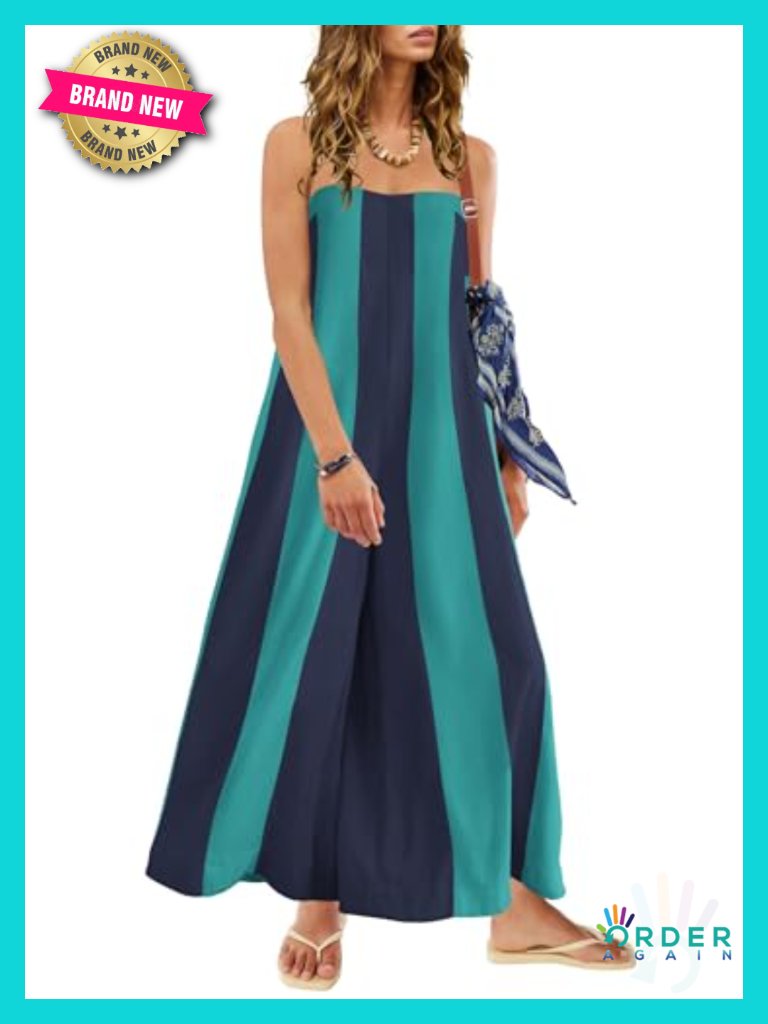 Striped Wide Leg Strapless Jumpsuit Romper With Pockets Travel Vacation Outfits
